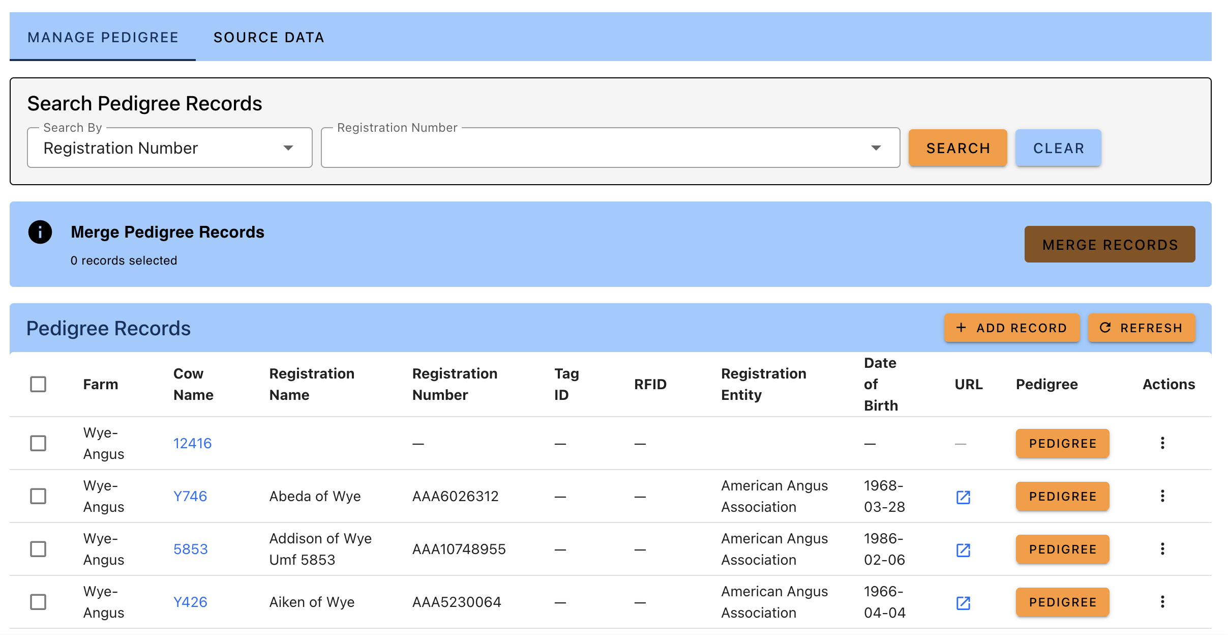 Pedigree Management Page